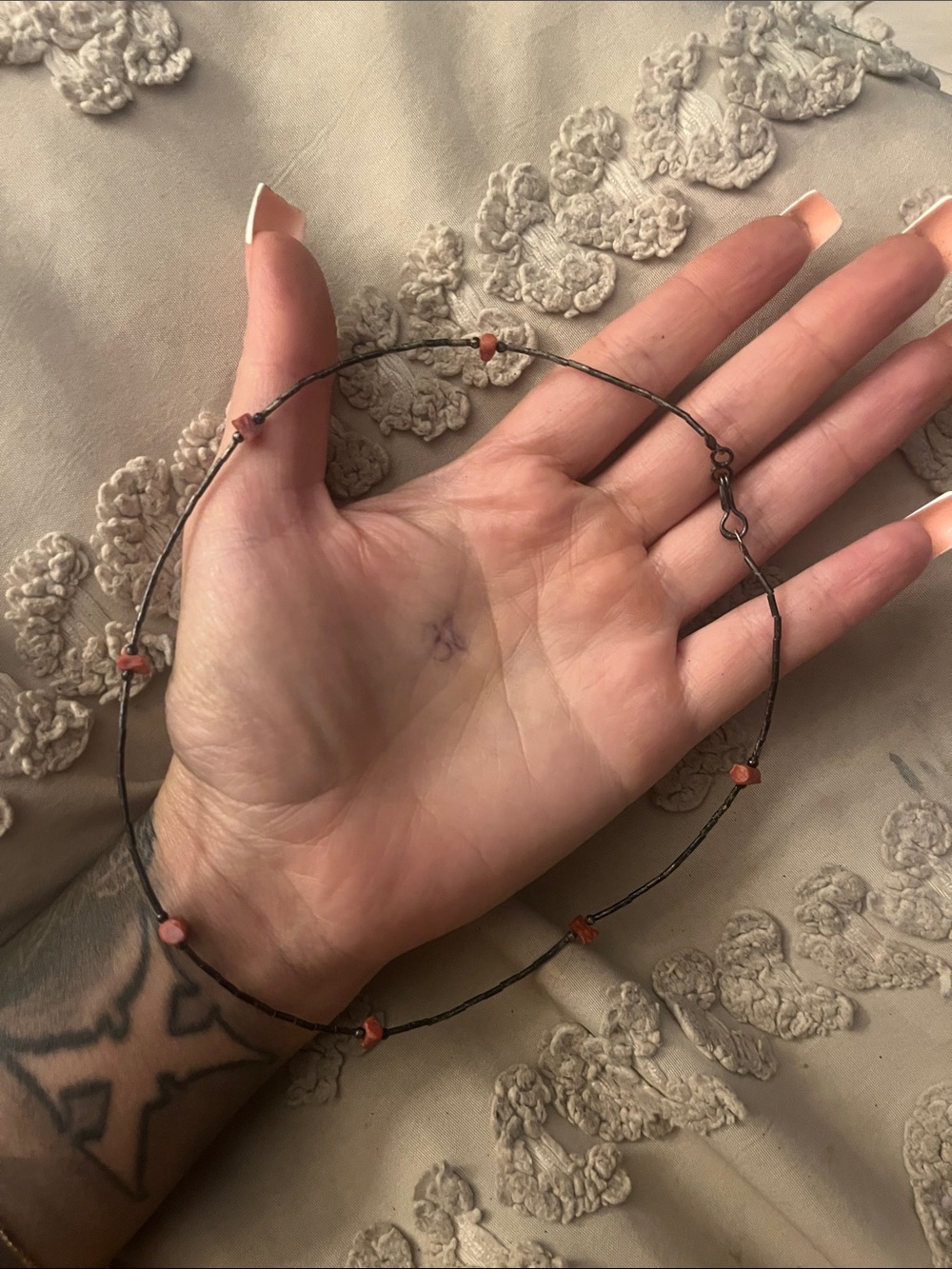 Delicate Black Wire Necklace with Small Coral Beads